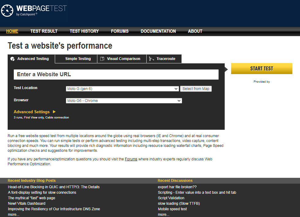 webpagetest testa hemsida hastighet